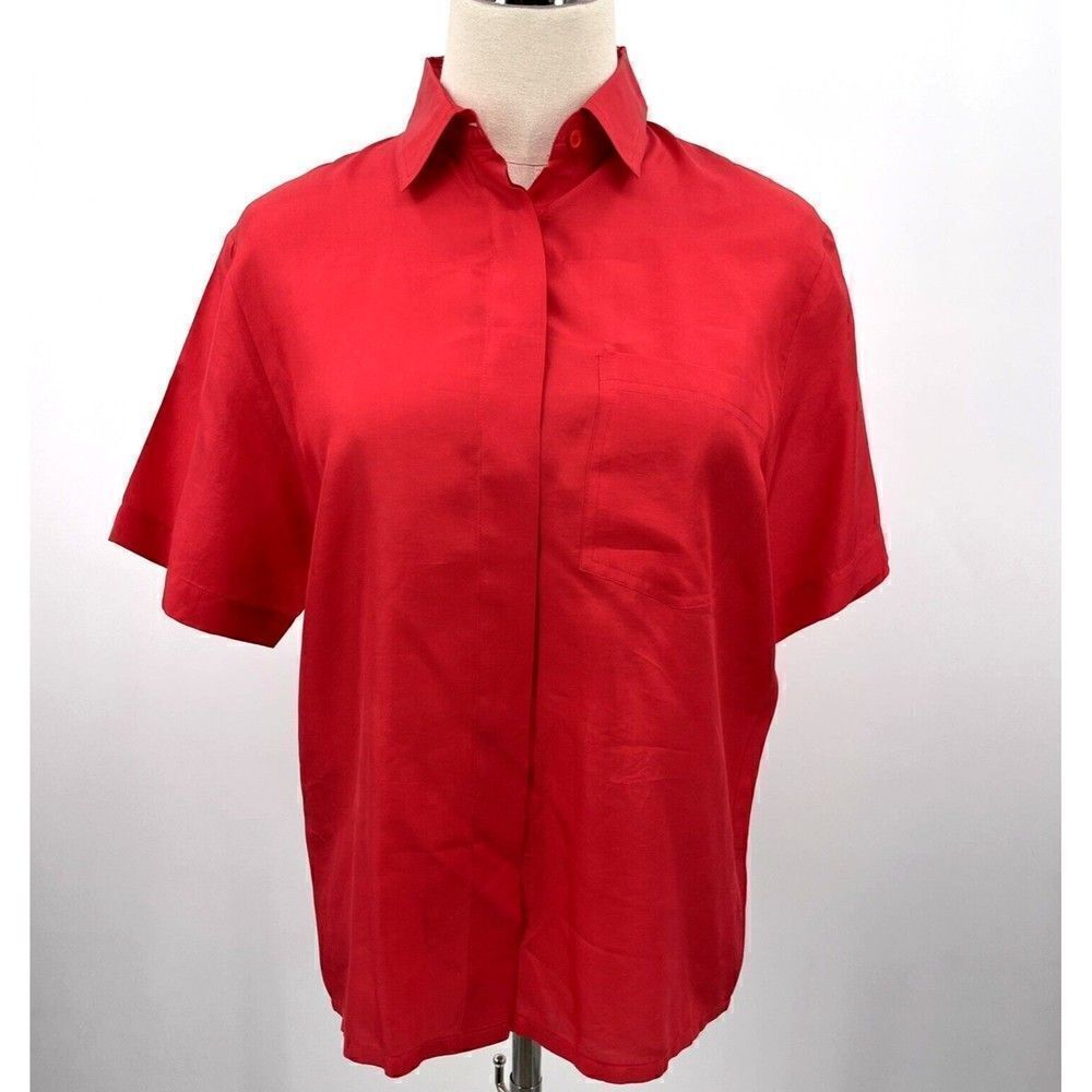 Pierre Charbonnier vintage woman’s top sz 12 pure silk cherry red button up BoxB